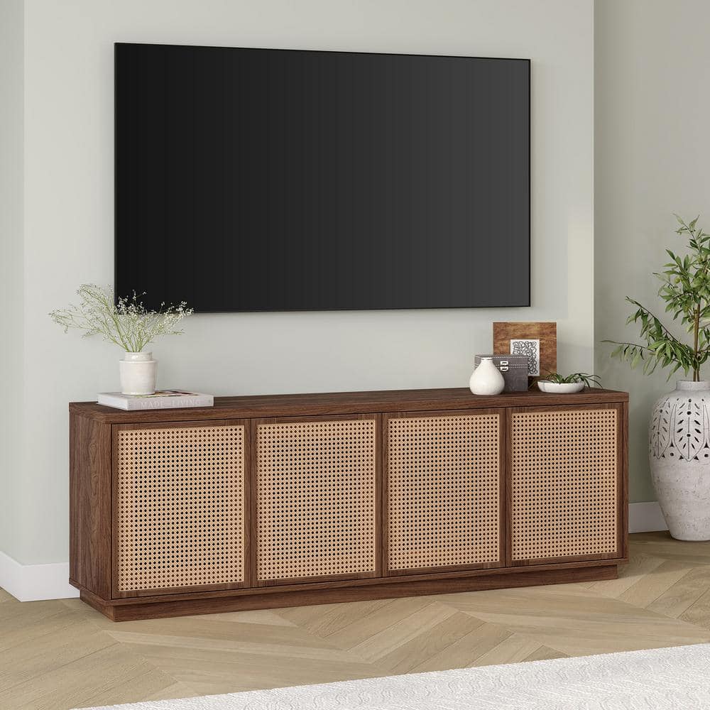 Satin Walnut Rectangular TV Stand with Faux Rattan Cabinets