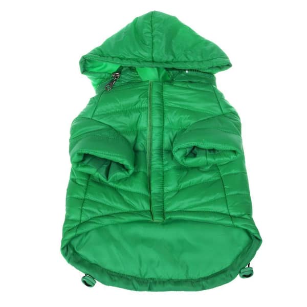 PET LIFE Medium Fresh Green Lightweight Adjustable Sporty Avalanche Dog Coat with Removable Pop Out Collared Hood
