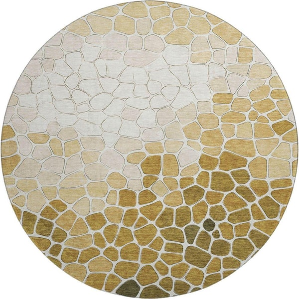 Mayfield Premium Machine Washable Abstract AMF2190 Gold 8 ft. x 8 ft. Round Rug