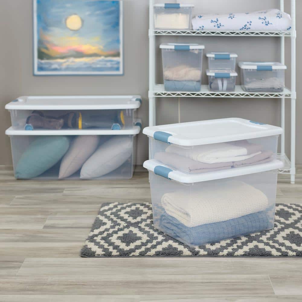 Clear Plastic Stackable Storage Box with White Lid and Blue Latches