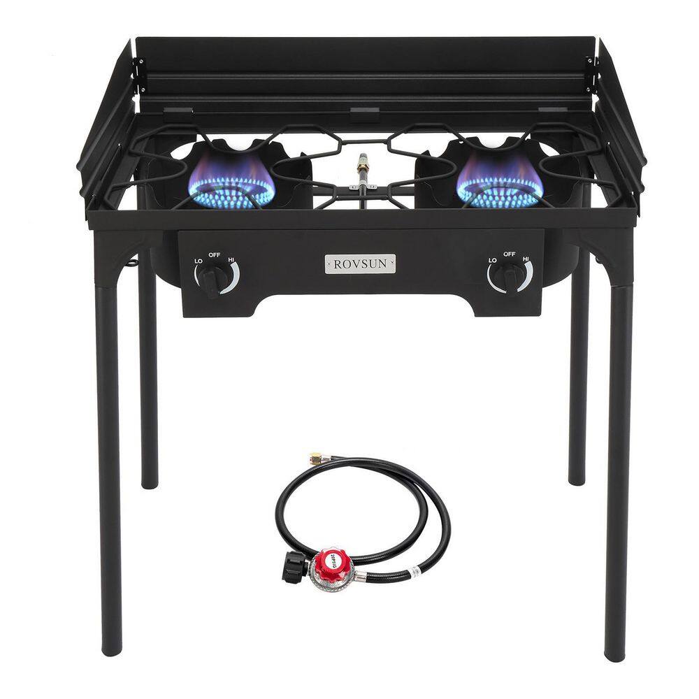 2 Burner Propane Camping Stove Gas Grill w/ Wind Guards for