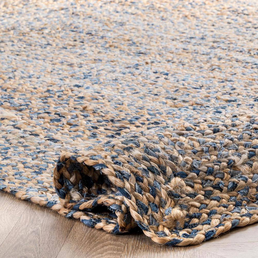 Handmade Blue and Beige Braided Cotton Rectangular Rug