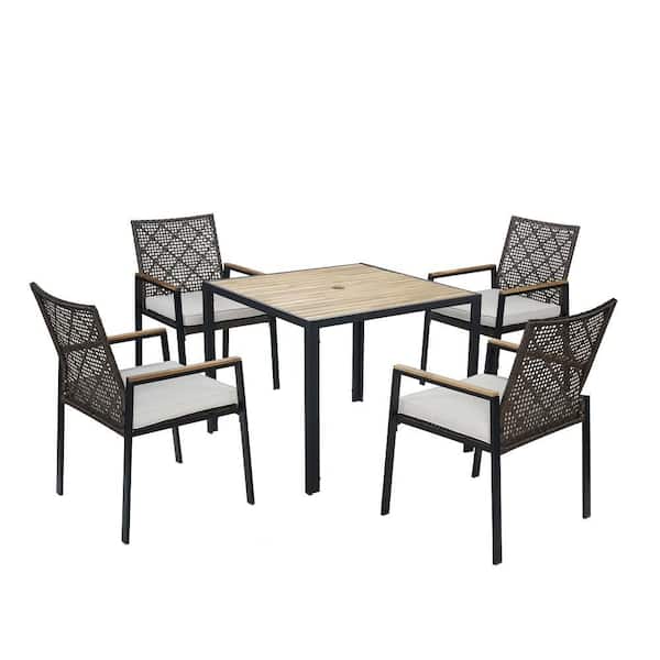 Dark Brown 5-Piece Metal Patio Conversation Set with Water-resistant Gray Cushions, Wood Table Top and Umbrella Hole