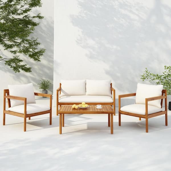 Balzac Outdoor 4-Piece Solid Wood and Rope Weave Patio Conversation Set with Cream Cushions, Teak Finish