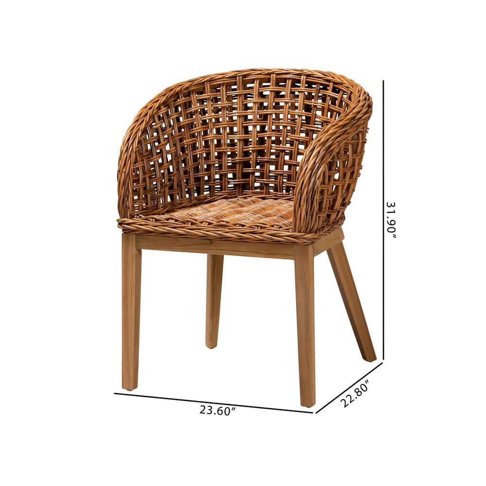 Natural Brown Teak Wood and Rattan 2-Piece Dining Chair Set