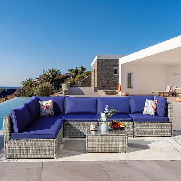 Tenleaf 7-Piece Metal Wicker Outdoor Sectional Set with Navy Blue Cushions