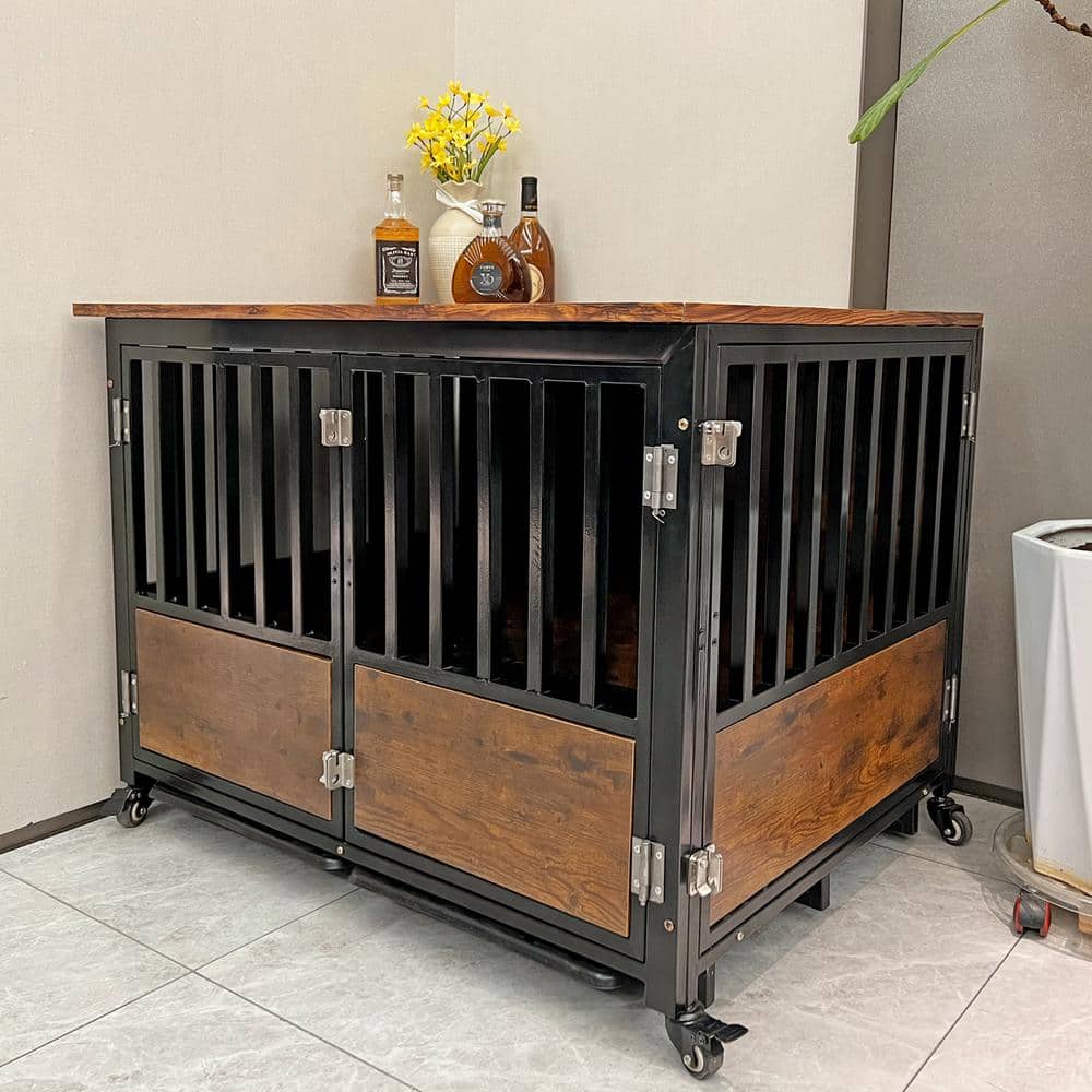 42.1 in. W Steel Furniture Style Dog Crate With Door Lock and Double Doors Indoor Use in Black Brown
