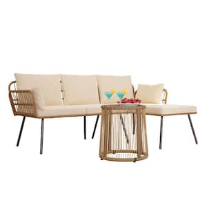 3-Pieces Patio Furniture Set Outdoor Wicker Conversation Sectional L-Shaped 4-Seater Sofa with Cushion and Coffee Table