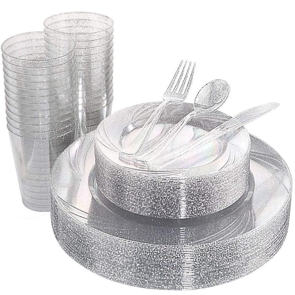 Silver Rim White Plastic Dinnerware Set with 40 Dinner Plates, 40 Salad Plates, 40 Forks, 40 Knife Spoons