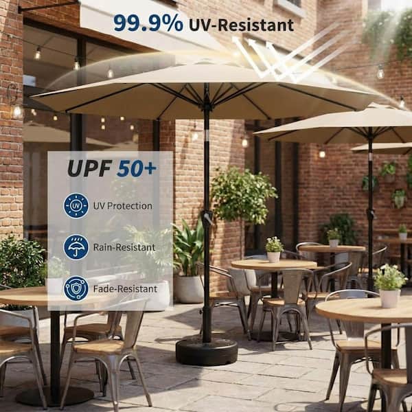 corliving patio umbrella with solar power led lights CorLiving Pegasus 9Ft Round Tilting Patio Umbrella, Solar Powered LED Lights,  Powder-Coated Steel Frame