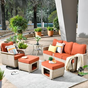 Aphrodite 5-Piece Wicker Patio Conversation Seating Sofa Set with Orange Red Cushions and Swivel Rocking Chairs