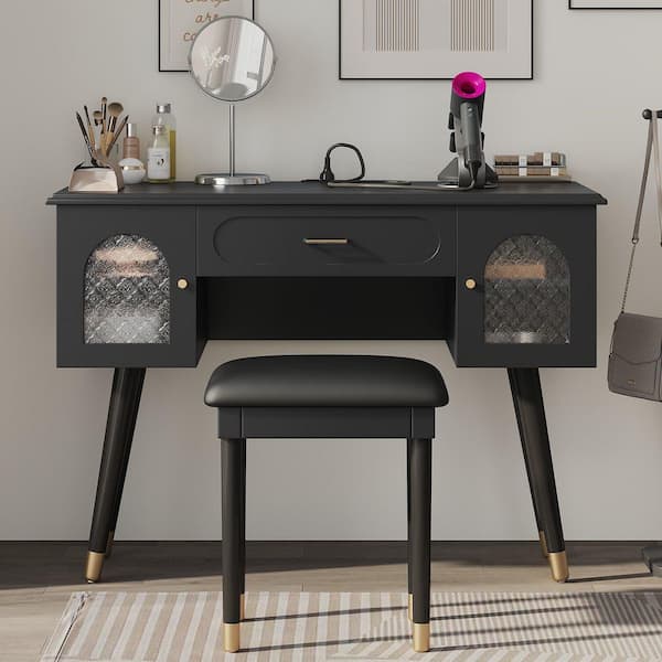 2-Piece Black Makeup Vanity Set with Organizer, Writing Desk and Charging Port