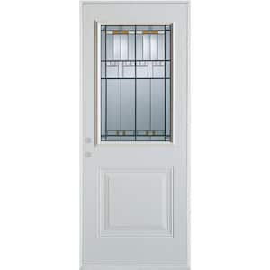 36 in. x 80 in. Right-Hand Architectural 1/2 Lite Decorative 1-Panel Painted White Steel Prehung Front Door