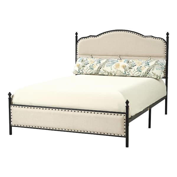 JAYDEN CREATION Sergio Yellow Transitional Upholstered Platform Metal Bed Frame Four Poster Bed with High Headboard and Pillow