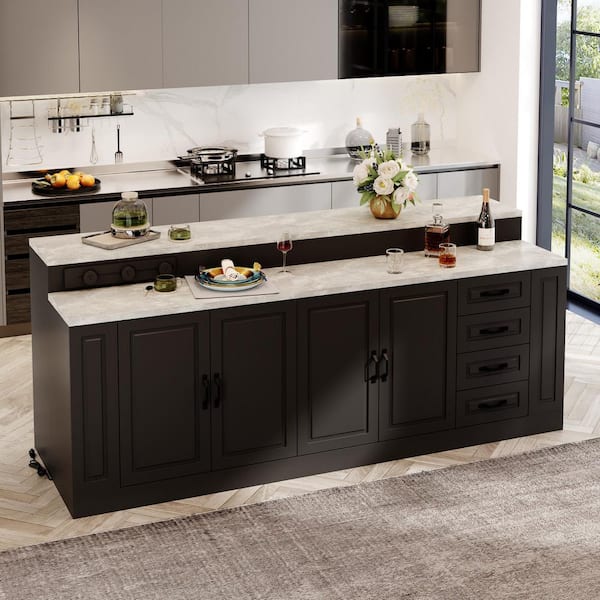 FUFU&GAGA Black Wood Marble Woodgrain Finish 94.5 in. W Kitchen Island Dining Bar Table with Door Cabinet, 4 Drawers,Track Outlets
