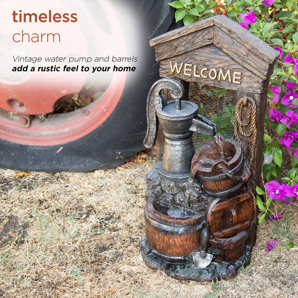 24" Rustic Brown Polyresin Barrel Fountain with Welcome Sign