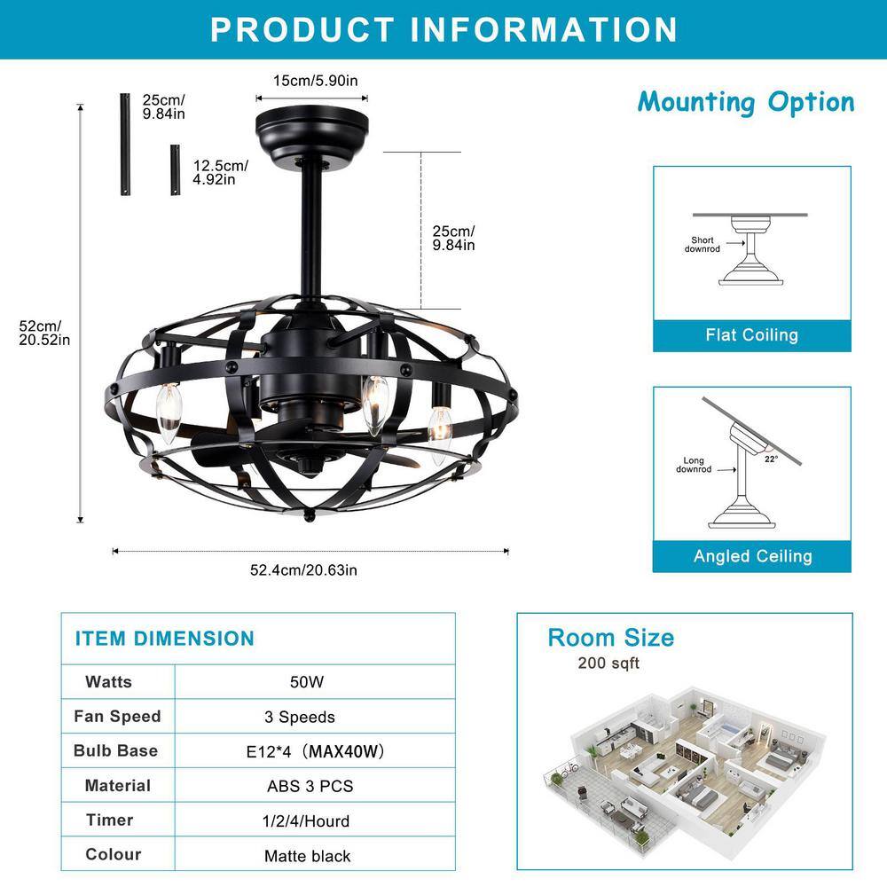 18'' Black Industrial Caged Ceiling Fan with LED Lights and Remote