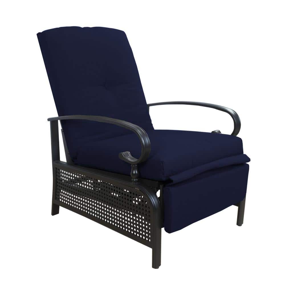Navy Blue Cushioned Steel Outdoor Reclining Lounge Chair