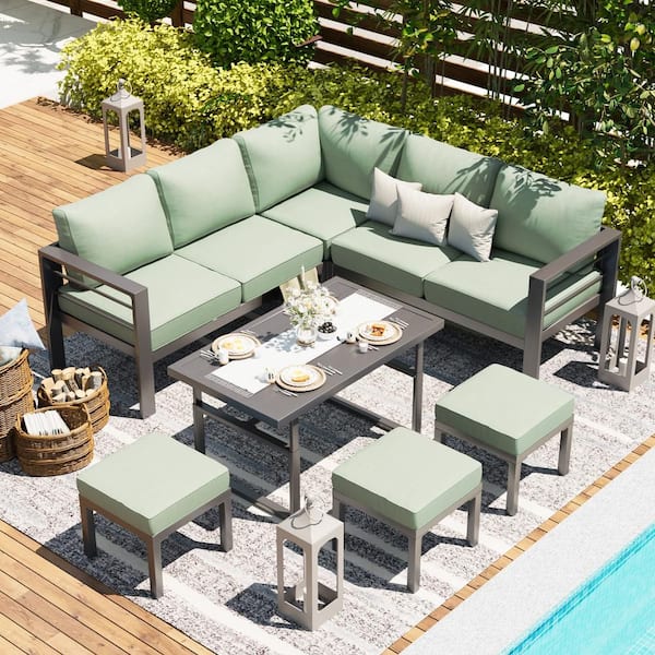 7-Piece Metal Patio Conversation Set with Green Cushions, Height-Adjustable Table