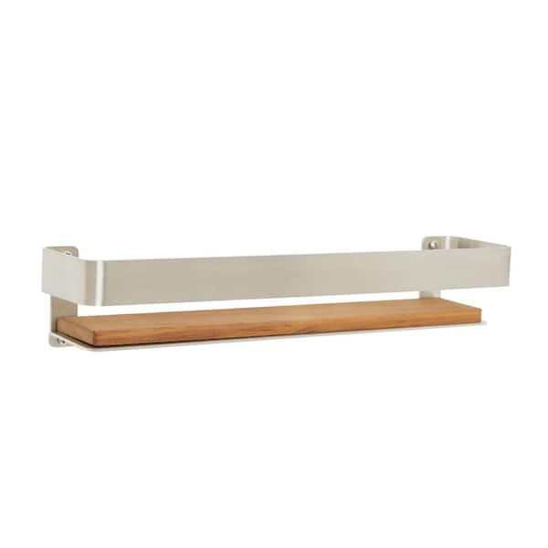 Floating Rectangular Shower Shelf with Rail and Natural Teak Wood