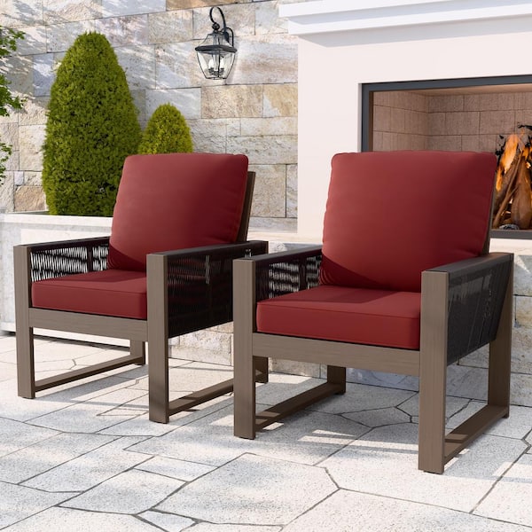 EAGLE PEAK Brown Cedar Wood and Round Wicker Outdoor Lounge Chair with Red Cushions for Patio Deck Yard (Set of 2)