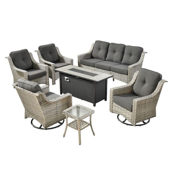 Eureka 7-Piece Wicker Patio Conversation Sofa Swivel Chair Set with Metal Fire Pit Table and Black Cushions
