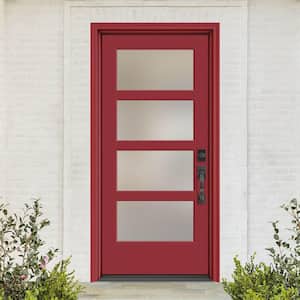 Performance Door System 36 in. x 80 in. VG 4-Lite Left-Hand Inswing Pearl Red Smooth Fiberglass Prehung Front Door