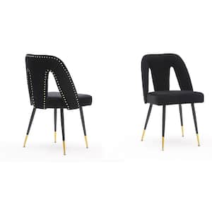 Black Contemporary Velvet Upholstered Dining Side Chair with Nailheads and Gold Tipped (Set of 2)