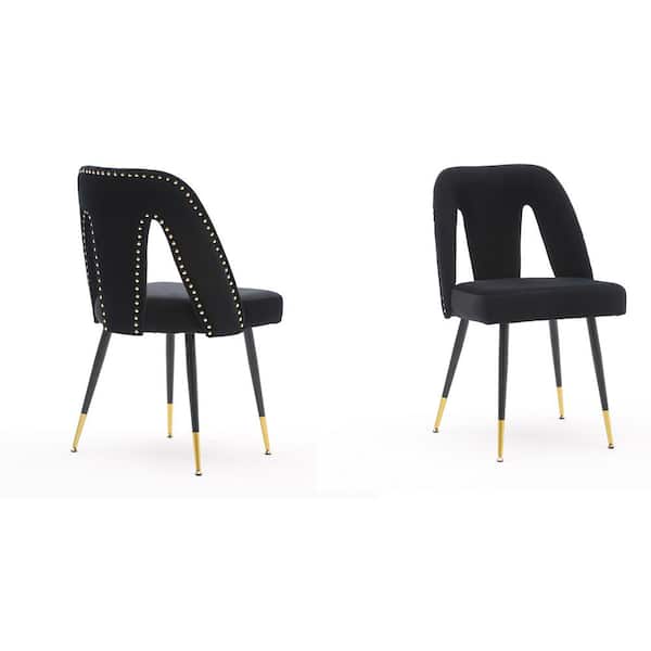 HOMEFUN Black Contemporary Velvet Upholstered Dining Side Chair with Nailheads and Gold Tipped (Set of 2)