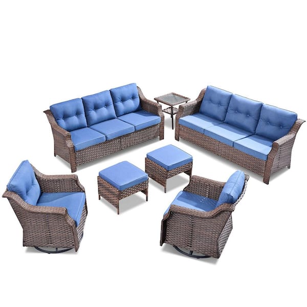 7-Piece Wicker Patio Conversation Set with Blue Cushions, Family Outdoor Chair Set