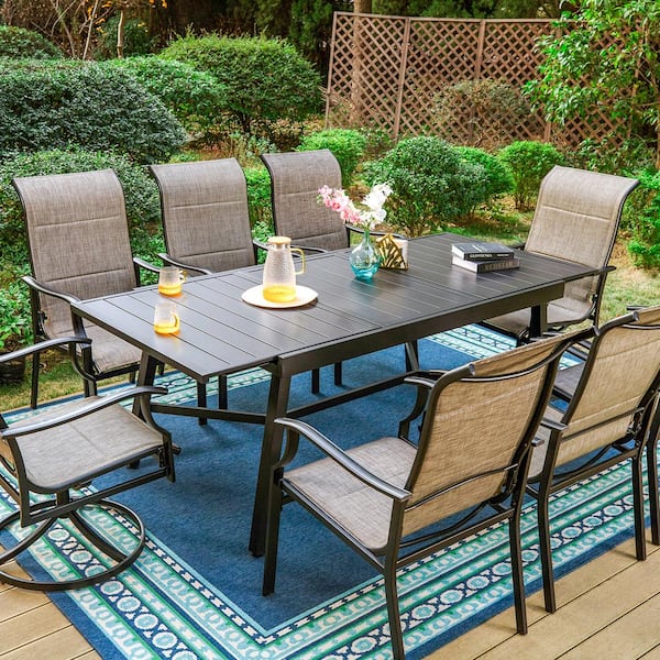 PHI VILLA 9 Piece Metal Patio Outdoor Dining Set Extendable Rectangle Table and Padded Textilene Chairs THD9 450116117 The Home Depot