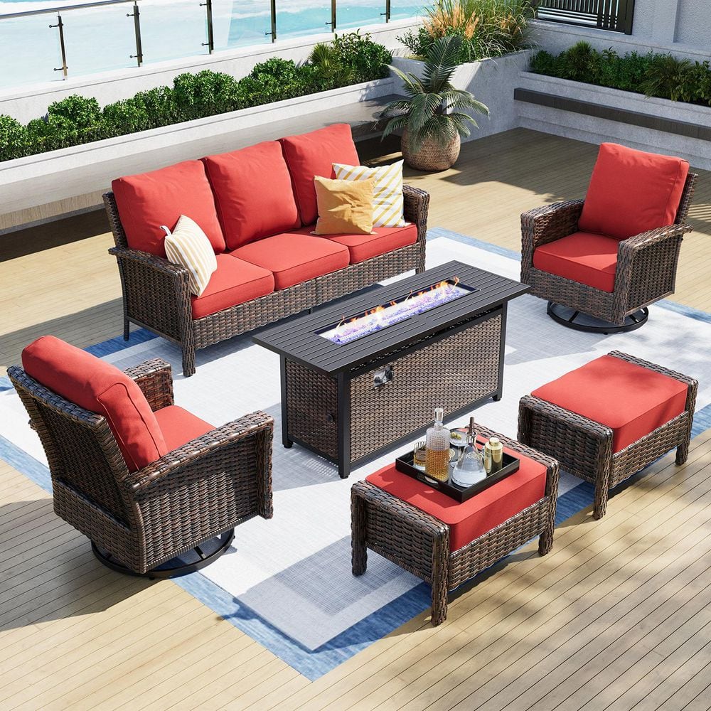 Brown 6-Pieces Metal Patio Rectangle Fire Pit Conversation Set with Swivel Sofa Chairs, Fire Pit Table and Red Cushion price history on PriceWatchPro
