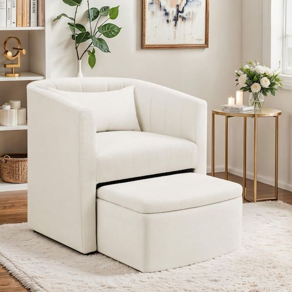 OrangeOne Len Beige Chenille Upholstered Accent Chair Open-Design Hollow Base Armchair with Multifunctional Storage Ottoman