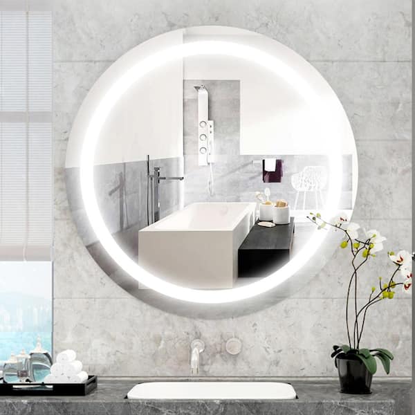 24 Inch Round LED Lighted Bathroom Vanity Mirror with Shelf, Touch