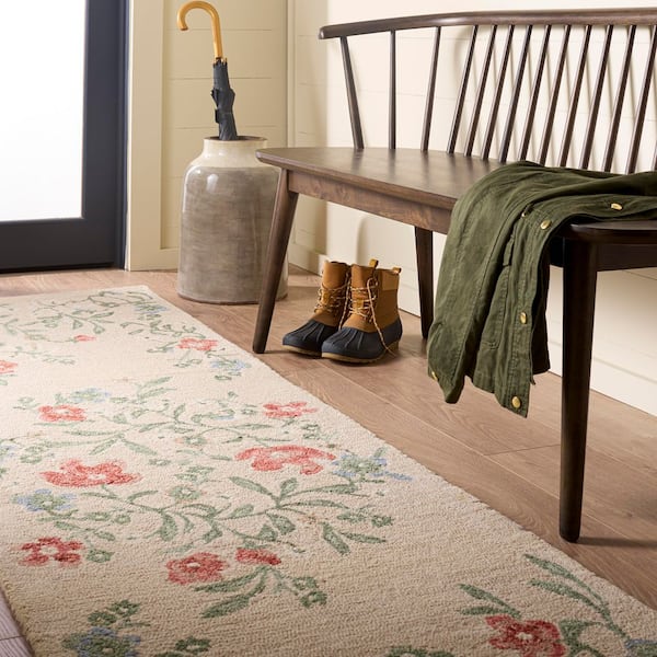 Martha Stewart 2 ft. x 9 ft. Beige/Red Floral Vines Runner Rug