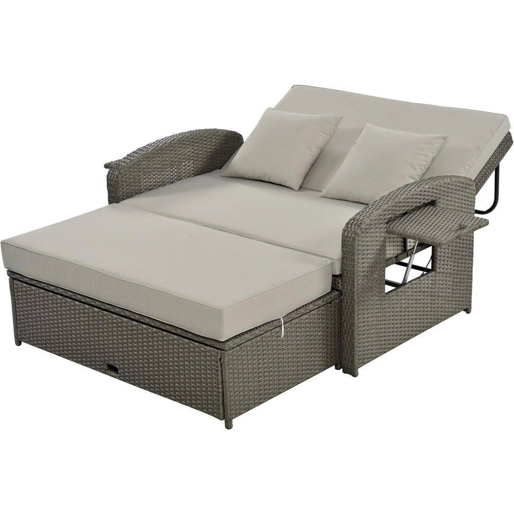Gray PE Wicker Outdoor Double Chaise Lounge, 2-Person Reclining Daybed with