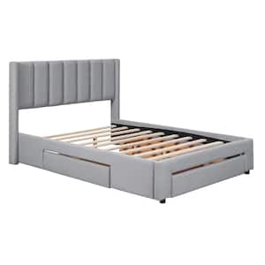 Gray Wood Frame Full Size Upholstered Platform Bed with 3-Drawers
