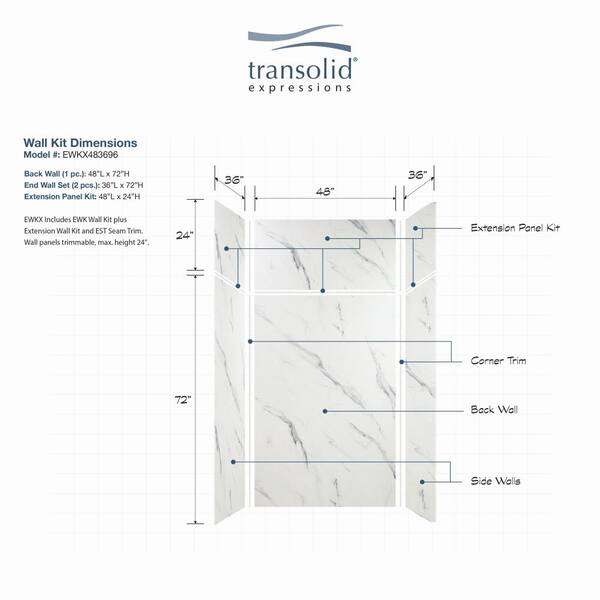 Expressions 48 in. x 48 in. x 96 in. 4-Piece Easy Up Adhesive Alcove Shower Wall Surround in Bianca Expressions 48 in. x 48 in. x 96 in. 4-Piece Easy Up Adhesive Alcove Shower Wall Surround in Bianca