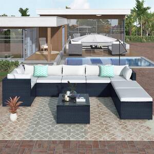 9-Piece Wicker Outdoor Sectional Set with Beige Cushions, 3 Single Sofas, 3 Corner Sofas, 2 Ottomans and 1 Coffee Table