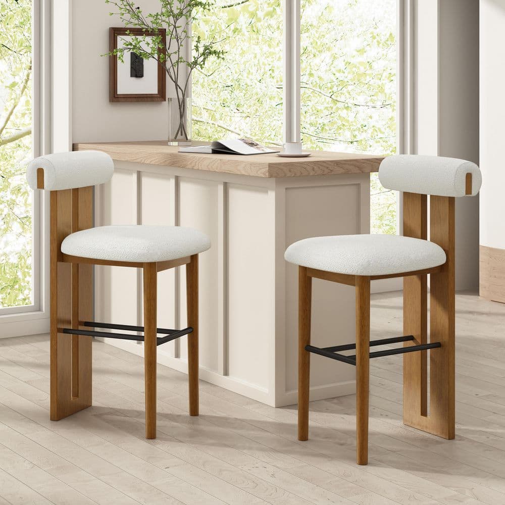 Afra 43 in. H White Fabric Modern Upholstered Counter Barstools with Walnut Solid Wood Frame Cloud Top Backrest Set of 2 price history on PriceWatchPro