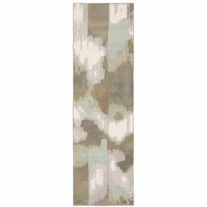 2' X 8' Sage Grey And Brown Abstract Power Loom Stain Resistant Runner Rug