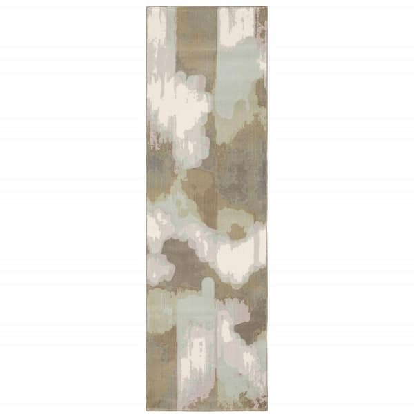 HomeRoots 2' X 8' Sage Grey And Brown Abstract Power Loom Stain Resistant Runner Rug