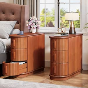 Eric 24 in. Walnut Solid Wood End Table Set of 2, 3-Drawer U-Shaped Narrow Side Table for Living Room, Fully Assembled