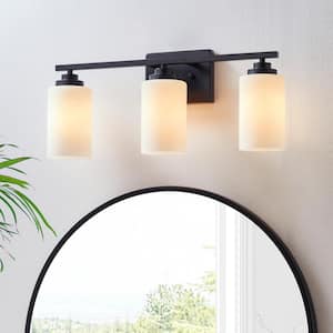 22 in. 3-Light Black Vanity Light with Frosted White Glass Shade