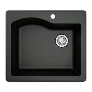 Drop-In Quartz Composite 25 in. 1-Hole Single Bowl Kitchen Sink in Black
