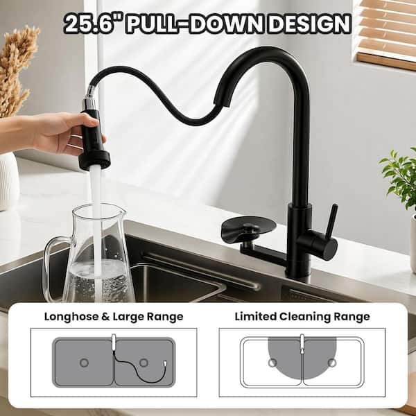 3-in-1 Matte Black Kitchen Faucet with Glass Rinser, Pull-Down Sprayer, 3 Modes High Arc Single Handle Sink Faucet