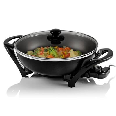 13 In. Black Non-Stick Electric Skillet with Aluminum Body Adjustable Temperature Controller Tempered Glass Cover