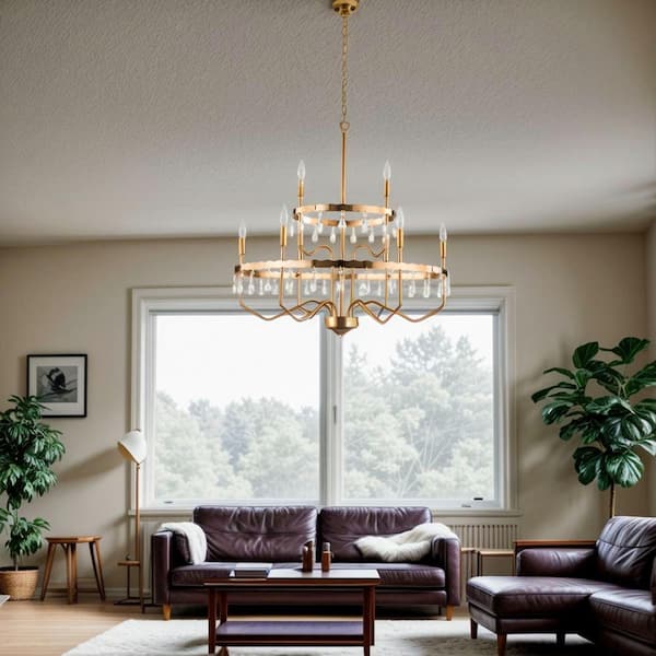 9-Light 32 in.Brass Vintage Candle Tiered Dimmable Chandeliers Dining Room Kitchen Ceiling Lights Foyer Bedroom Lighting