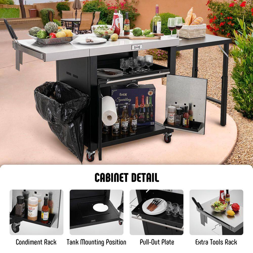 Black Stainless Steel Outdoor Kitchen Cart with Foldable Side Tables