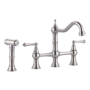 Elegant Double-Handle Bridge Kitchen Faucet with Side Sprayer in Polished Nickel